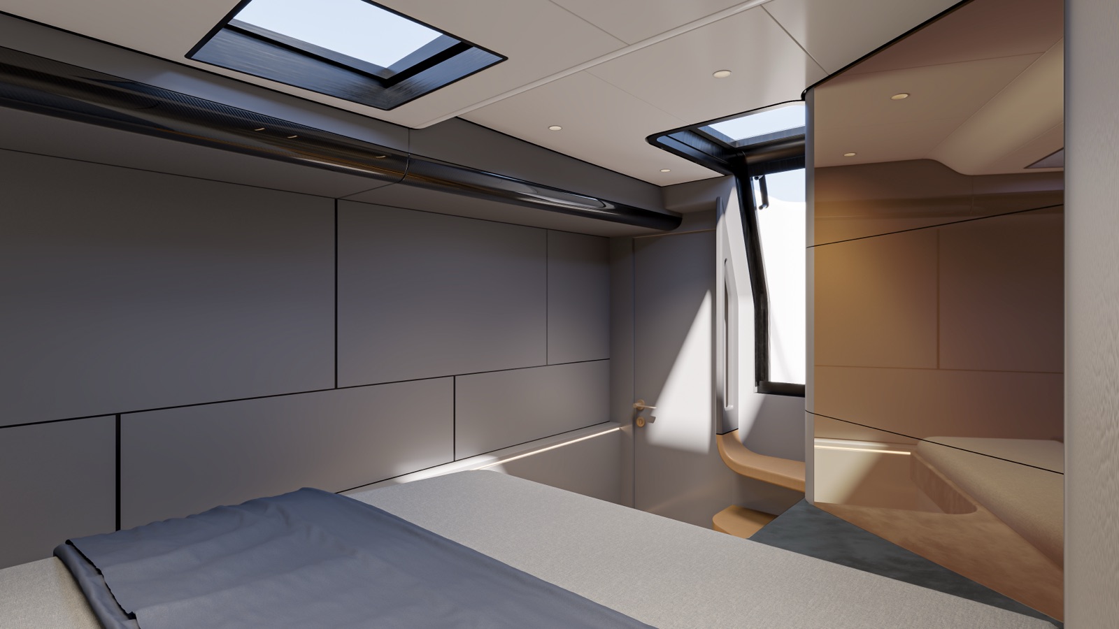 VYBE 43 interior cabin — teak and leather finishes